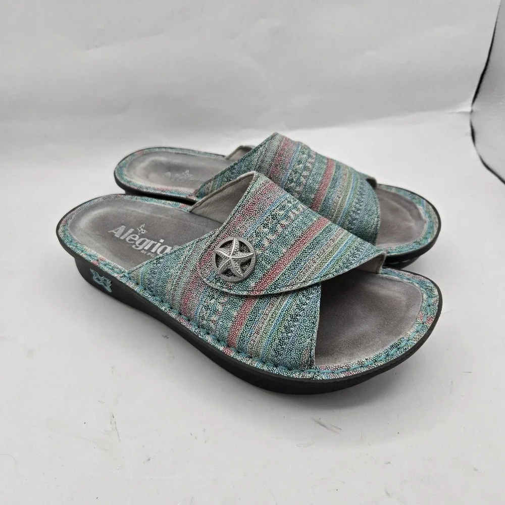 ALEGRIA Kylee Leather Printed Slide Sandals Seascape‎ Starfish EU 37 US 6.5